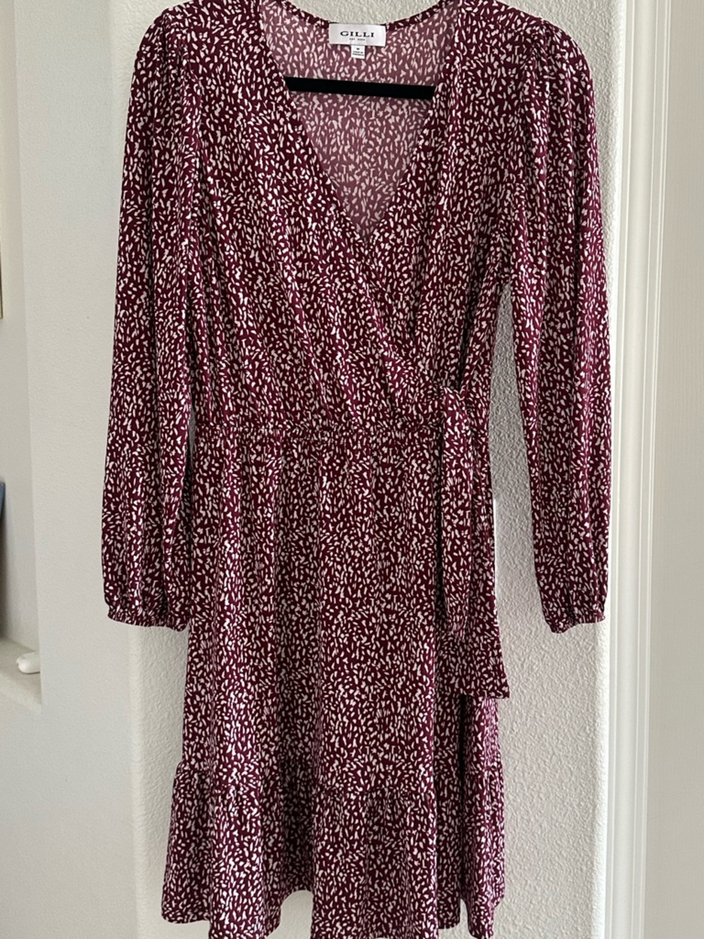 Burgundy and White Long-Sleeve Printed Wrap Dress